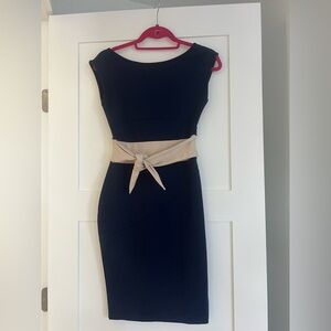 Scoop Neck Optical Illusion Color Block Belted Evening Cocktail Dress Sleeveless